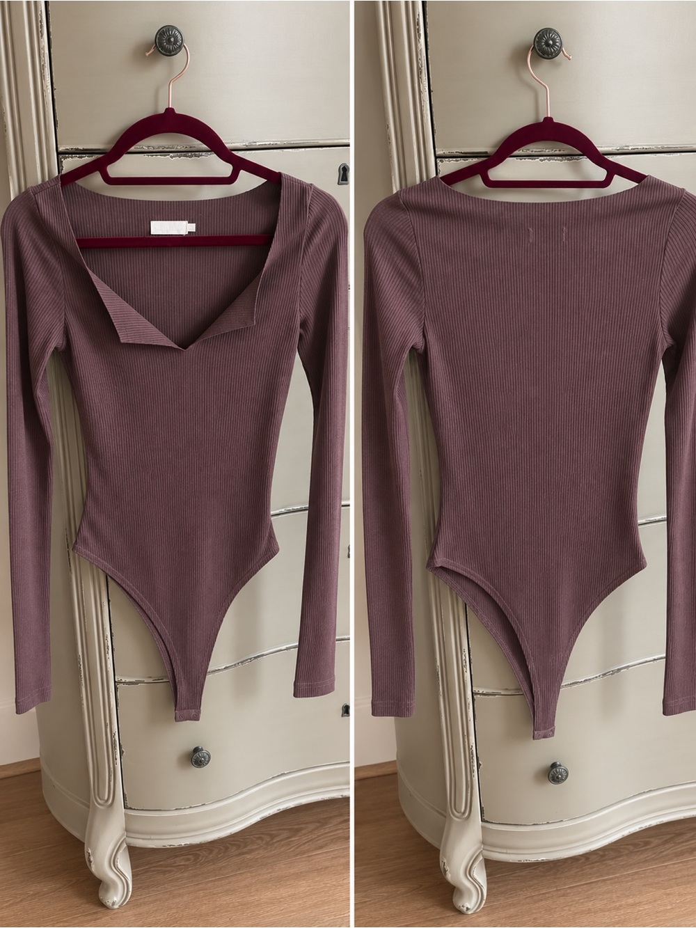 Meshki Malene V-neck Ribbed Thong Bodysuit Size (XS) Gray/Purple Long-Sleeve